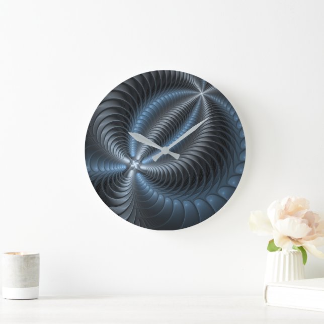 Plastic Blue Grey 3D Fractal Art Modern Abstract Large Clock (Home)