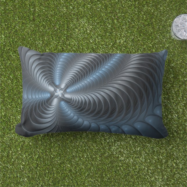 Plastic Blue Grey 3D Fractal Art Modern Abstract Lumbar Pillow (Grass)