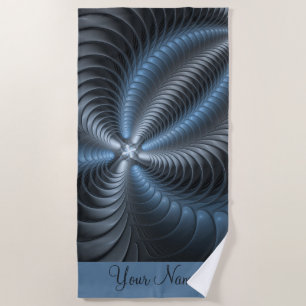 Plastic Blue Grey 3D Fractal Modern Abstract Name Beach Towel