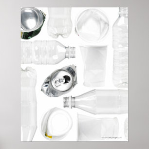 Plastic bottles, cups and alluminum cans shot on poster