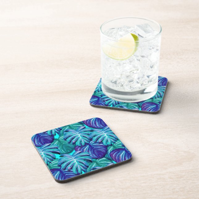 Plastic Coaster Set-Blue Tropical Palm (Right Side)