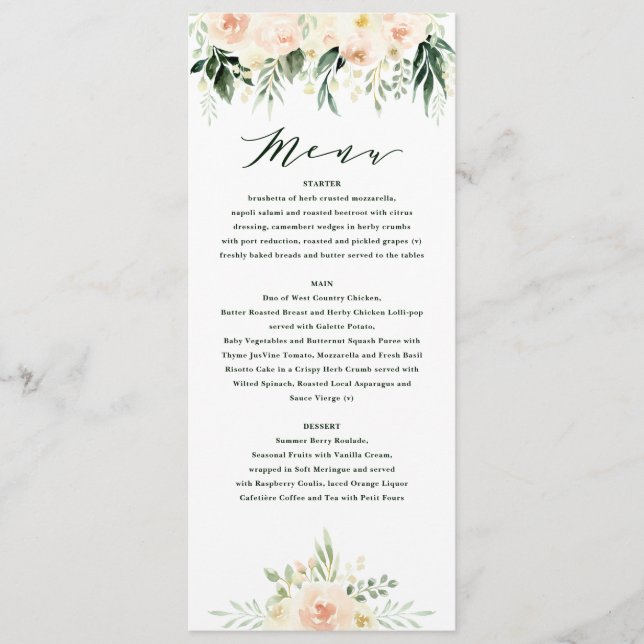 Plat vert pêche pâle + feuillage menu mariage (Devant)