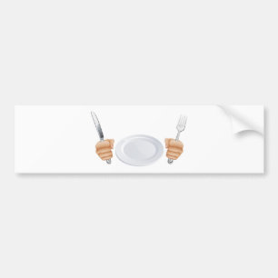 Plate and hands holding cutlery bumper sticker