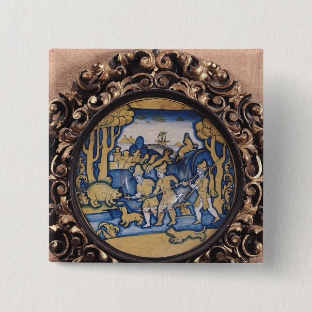 Plate decorated with a hunting scene 2 inch square button (Front)