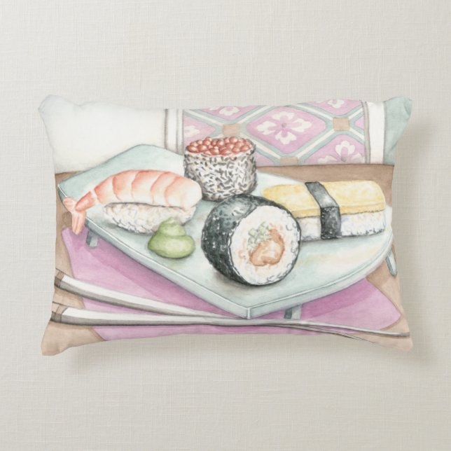 Plate of Assorted Sushi with Chopsticks Accent Pillow (Front)