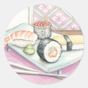 Plate of Assorted Sushi with Chopsticks Classic Round Sticker