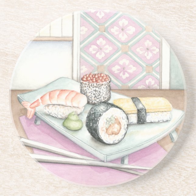 Plate of Assorted Sushi with Chopsticks Coaster (Front)