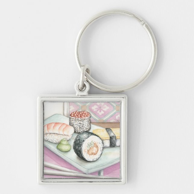 Plate of Assorted Sushi with Chopsticks Keychain (Front)