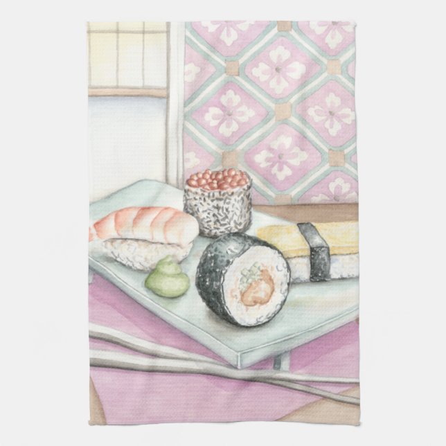 Plate of Assorted Sushi with Chopsticks Kitchen Towel (Vertical)