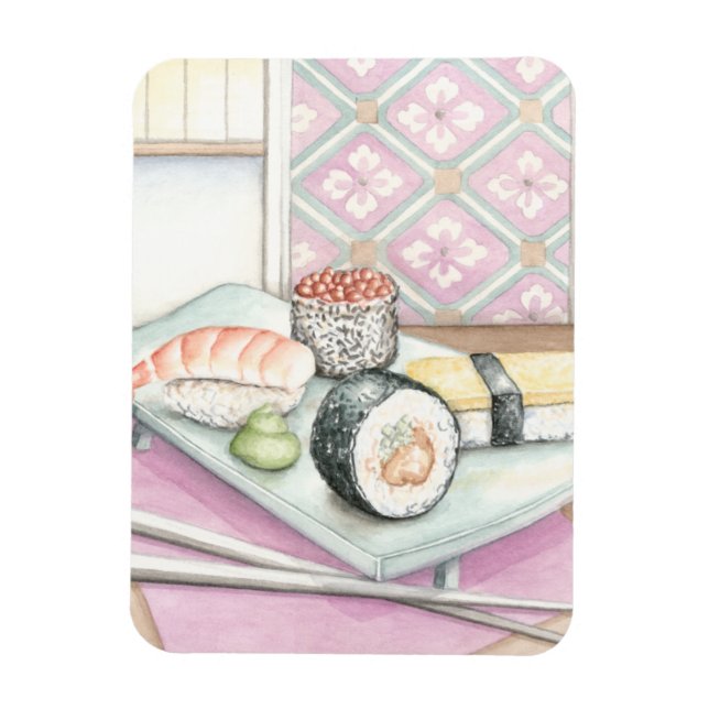 Plate of Assorted Sushi with Chopsticks Magnet (Vertical)