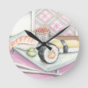 Plate of Assorted Sushi with Chopsticks Round Clock