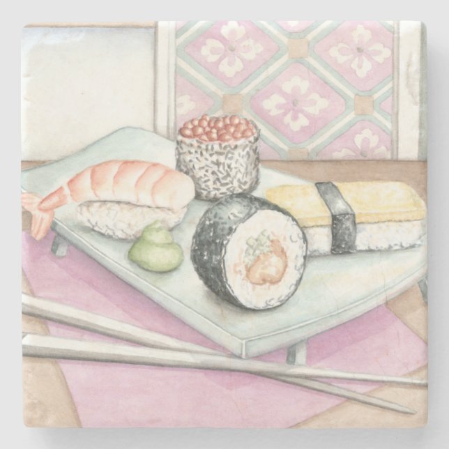Plate of Assorted Sushi with Chopsticks Stone Coaster (Front)