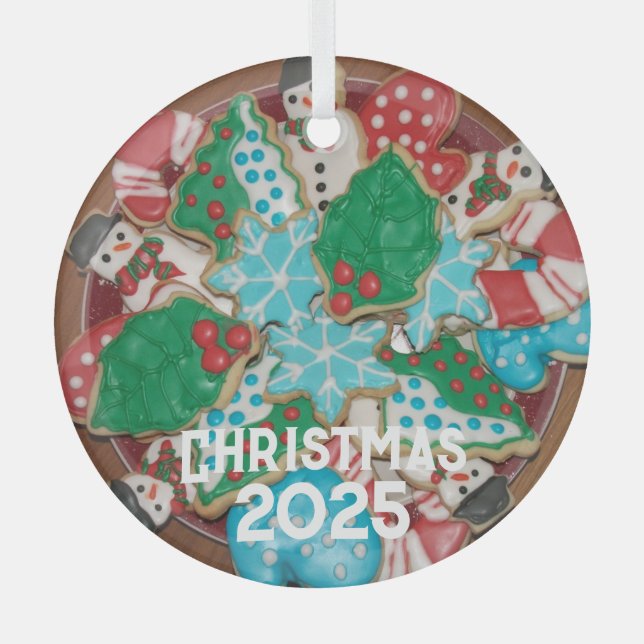 Plate of Decorated Cut-Out Christmas Sugar Cookies Glass Ornament (Front)