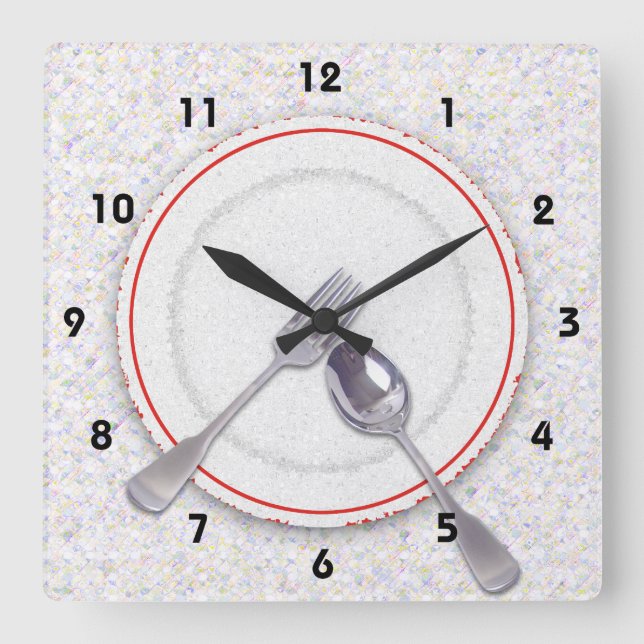 Plate with Fork and Spoon Square Wall Clock (Front)