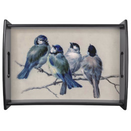 Plateau Aquarelle Bleu Gris Oiseaux sur un Vintage de bran