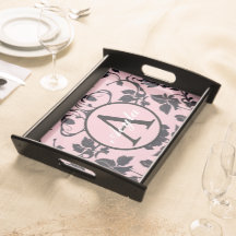 Monogramme moderne Rose rose et noir Damask