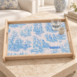 Plateau Toile de Jouy florale bleue turquoise vintage mono