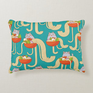 Plates of noodles and funny cats. Noodles with spi Accent Pillow
