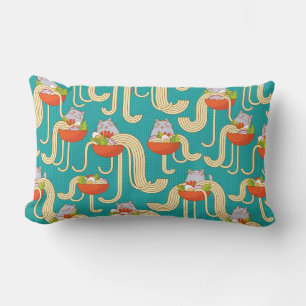 Plates of noodles and funny cats. Noodles with spi Lumbar Pillow