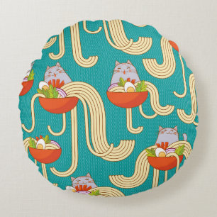 Plates of noodles and funny cats. Noodles with spi Round Pillow