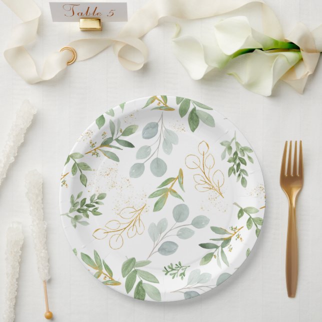 Plates - watercolor greenery and faux gold (Wedding)