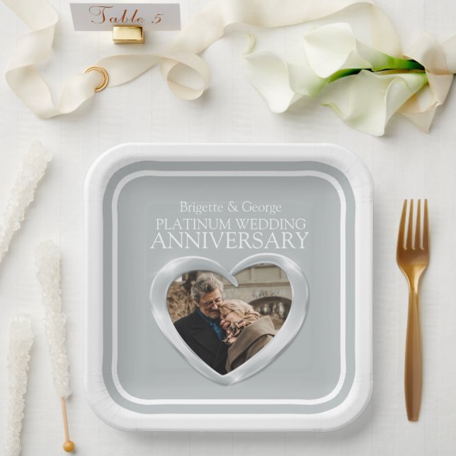 Platinum 70th Anniversary photo heart square Paper Plate (Wedding)