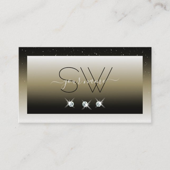 Platinum Beige Gradient Sparkle Diamonds Monogram Business Card (Front)
