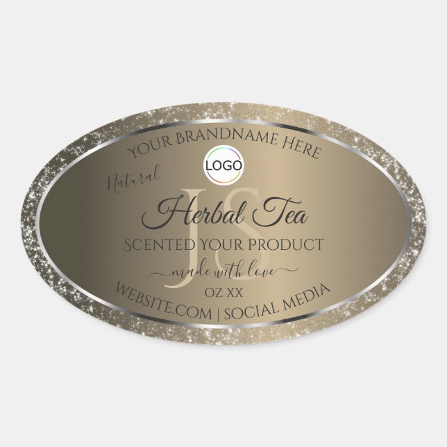 Platinum Beige Logo Initials Glitter Product Label (Front)