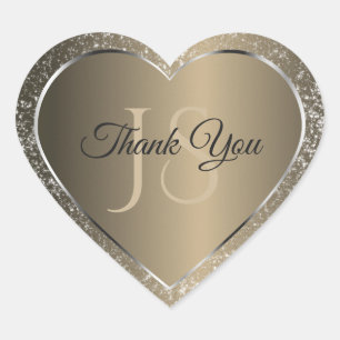 Platinum Beige with Glitter and Initials Thank You Heart Sticker