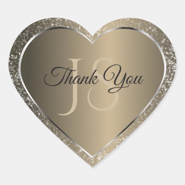 Platinum Beige with Glitter and Initials Thank You Heart Sticker (Front)