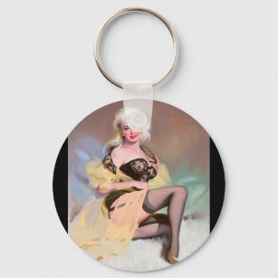 Platinum Blonde in Black Lingerie Pin Up Art Keychain