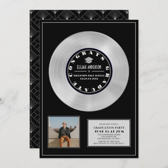 Platinum Disc Vinyl Black Plaque Photo Graduation Invitation (Front/Back)