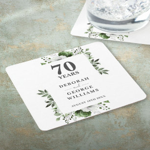 Platinum Elegant Floral 70th Wedding Anniversary Square Paper Coaster