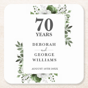 Platinum Elegant Floral 70th Wedding Anniversary  Square Paper Coaster
