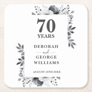 Platinum Elegant Floral 70th Wedding Anniversary  Square Paper Coaster