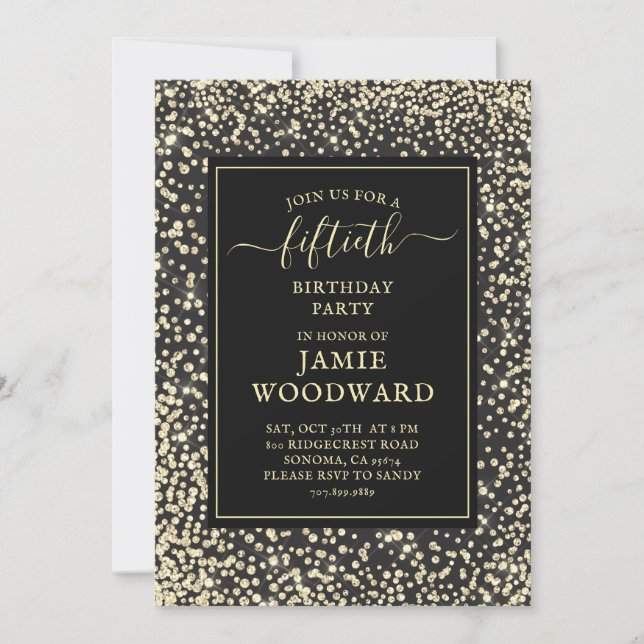 Platinum Glitter Black 50th Birthday Party  Invita Invitation (Front)