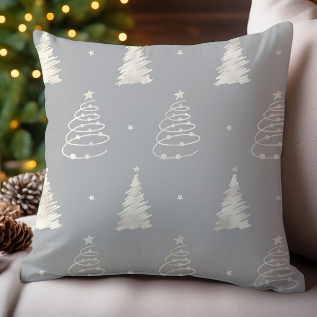 Platinum Grey Fancy Christmas Tree Holiday Pattern Throw Pillow (Creator Uploaded)