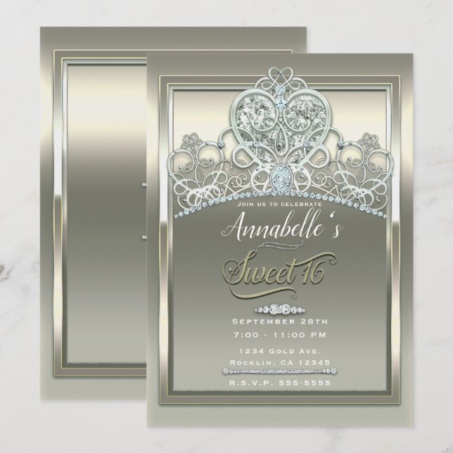 Platinum Ivory Princess Heart Tiara Sweet 16 Party Invitation (Front/Back)