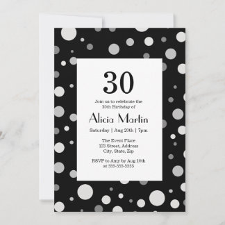 Platinum Silver Grey Polka Dot Black 30 Birthday Invitation