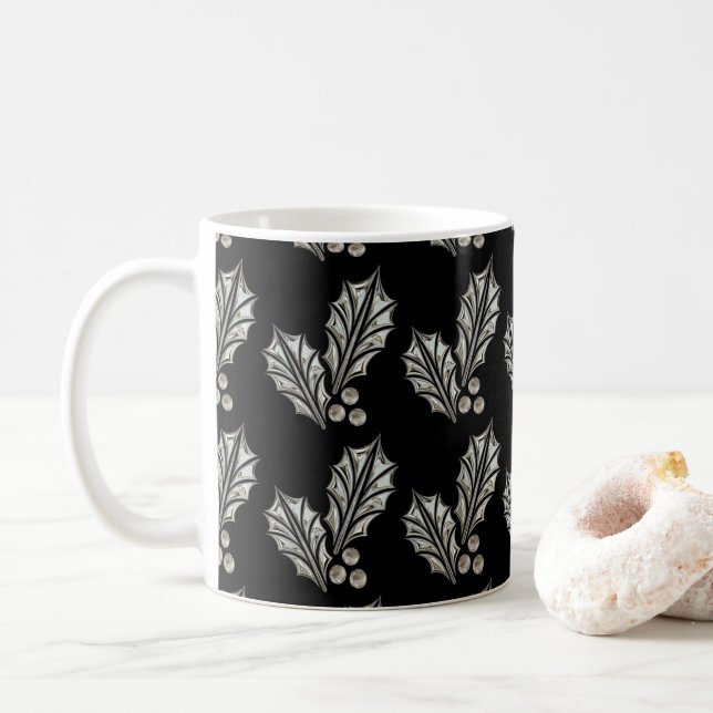 Platinum Silver Holly Christmas Mug (With Donut)