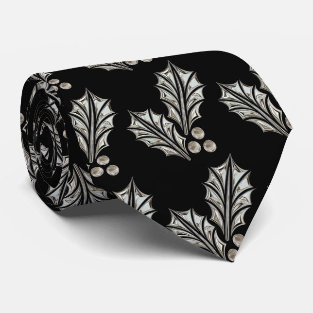 Platinum Silver Holly Christmas Tie (Rolled)