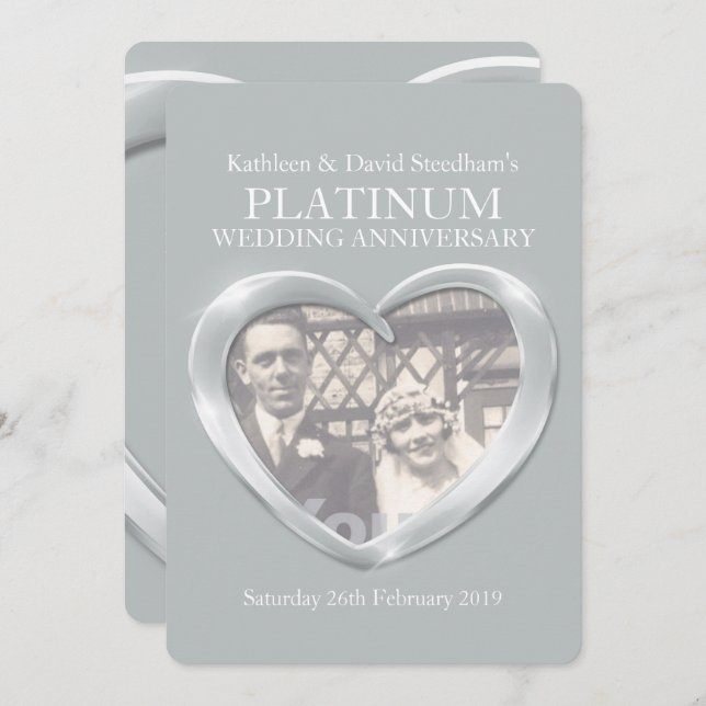 Platinum wedding heart photo anniversary invite (Front/Back)