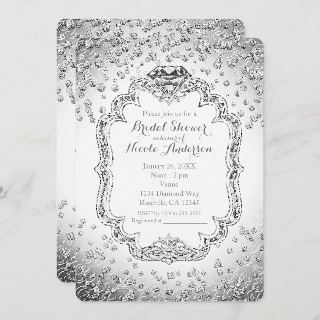 Platinum White Silver Diamond Bling Invitations (Front/Back)