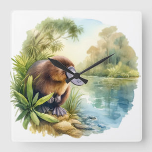 Platypus at the River REF75 - Watercolor Square Wall Clock