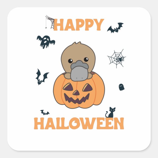 platypus In Pumpkin Sweet Animals Happy Halloween Square Sticker (Front)