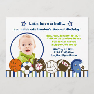 Play Ball Sports Custom Photo Birthday Invitations