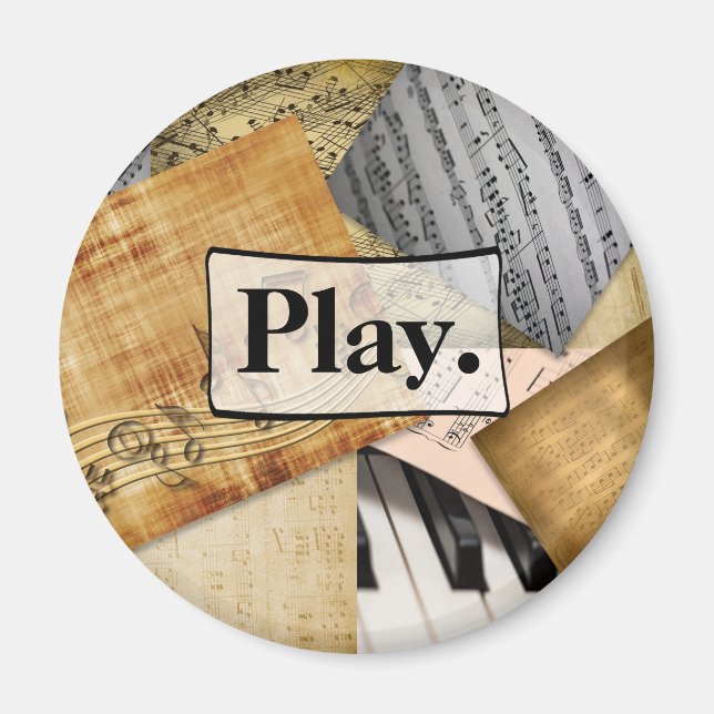 Play. Sheet Music Musical Notes Vintage Piano Magnet (Front)