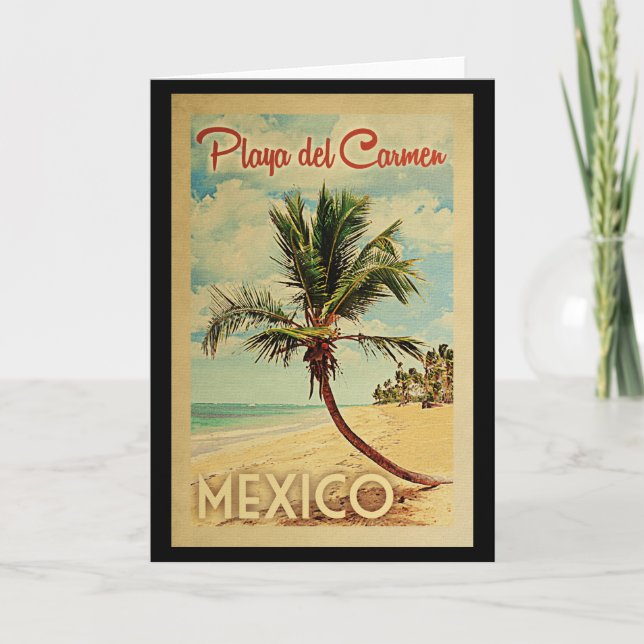Playa del Carmen Palm Tree Vintage Travel Card (Front)