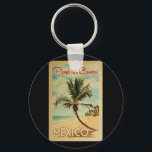 Playa del Carmen Palm Tree Vintage Travel Keychain<br><div class="desc">A uniquely retro mid-century modern Playa del Carmen Mexico art print in vintage travel poster style. It features a curved palm tree on sandy beach with ocean under a blue cloudy sky.</div>