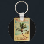 Playa del Carmen Palm Tree Vintage Travel Keychain<br><div class="desc">A uniquely retro mid-century modern Playa del Carmen Mexico art print in vintage travel poster style. It features a curved palm tree on sandy beach with ocean under a blue cloudy sky.</div>